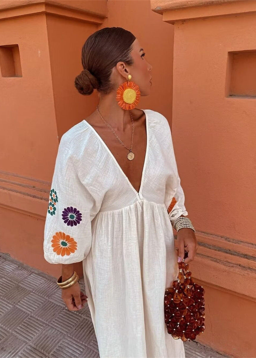 Solana Embroidered Maxi Dress – Boho Open-Back with Balloon Sleeves