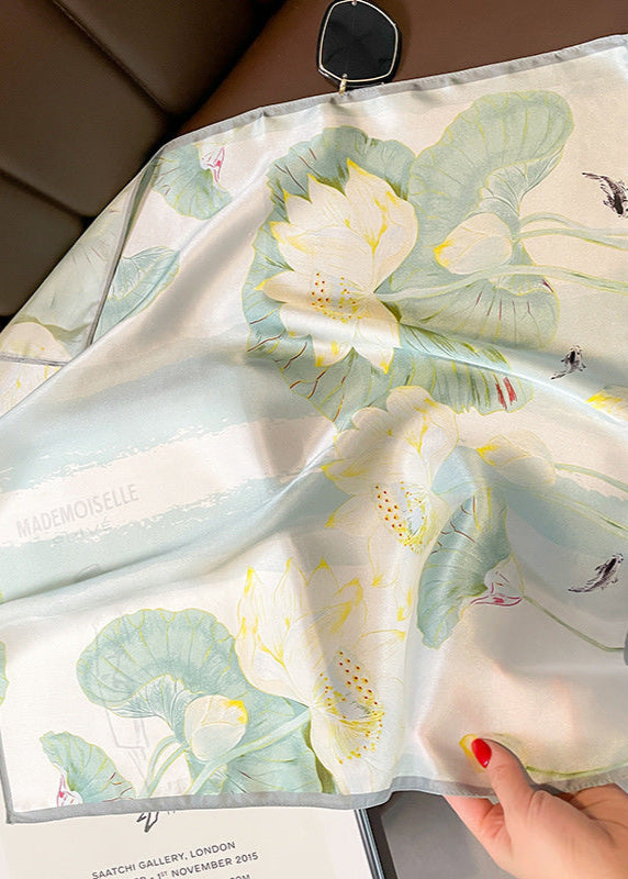 Mint Bloom - Satin Square Scarf with Lotus Garden Print