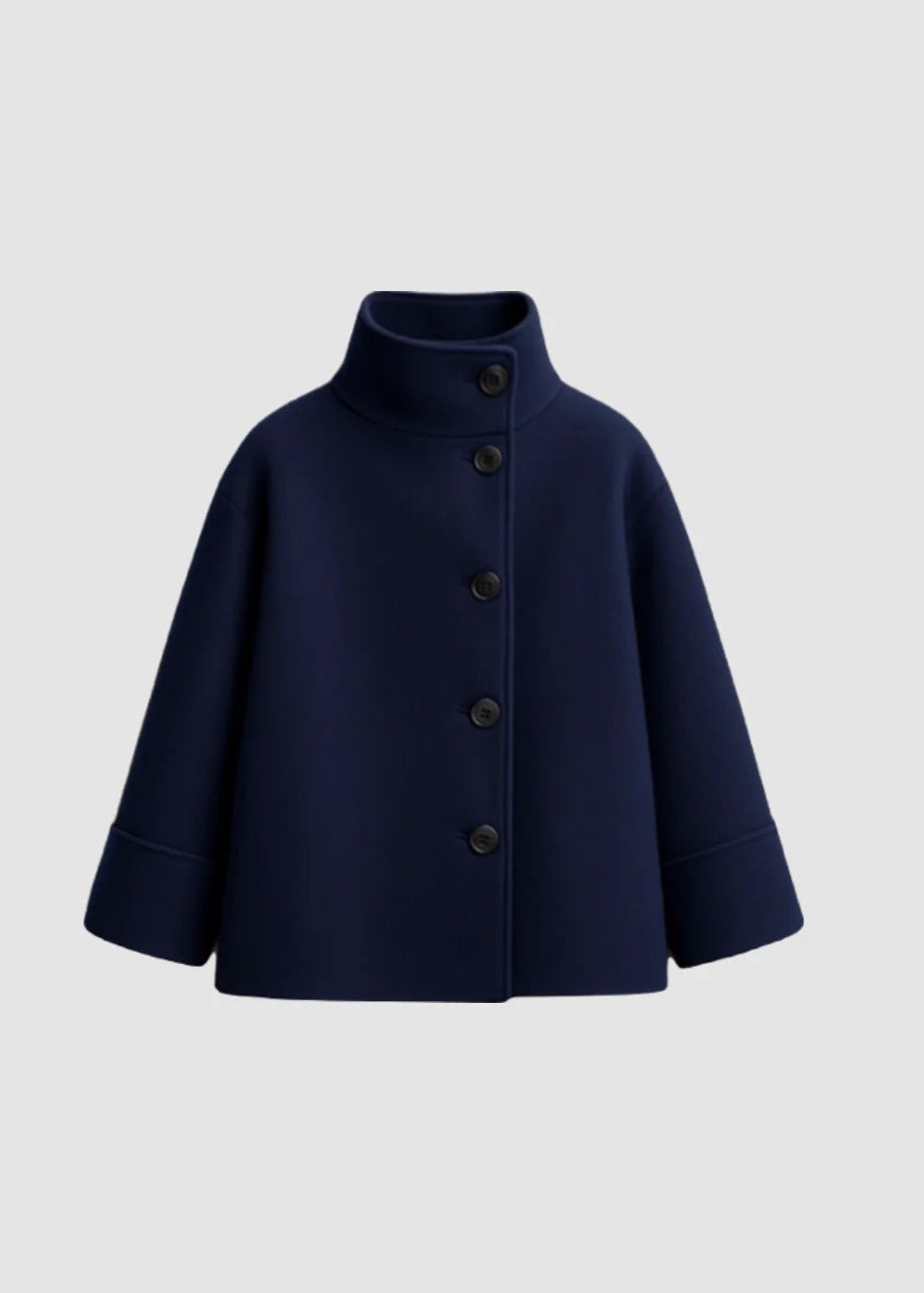 Chaqueta Aurora de Mezcla de Lana con Cuello Alto – Abrigo Minimalista Azul Marino