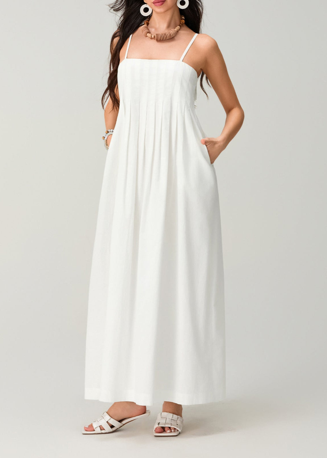 Linen Essence - White Pleated Maxi Sundress