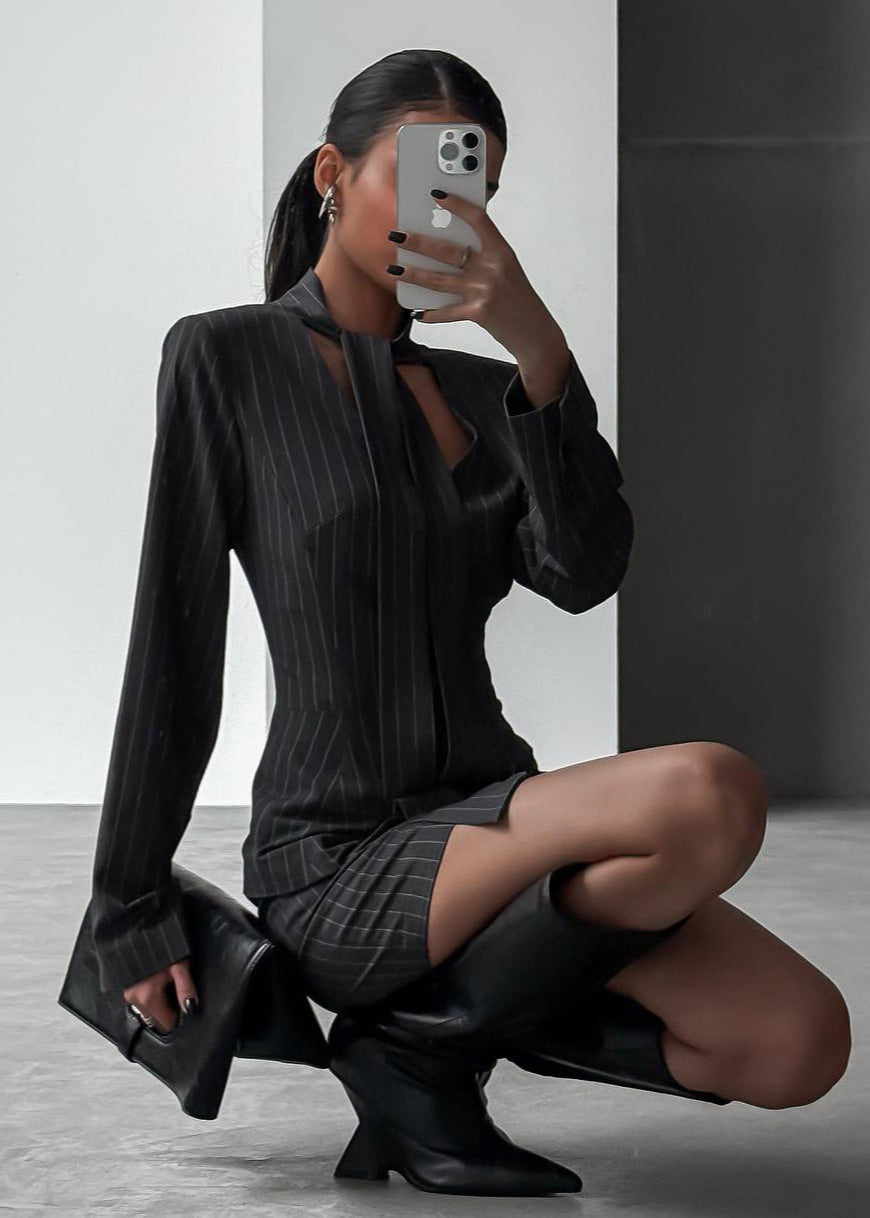 Power Pinstripe Blazer Set – Skirt & Tie Detail