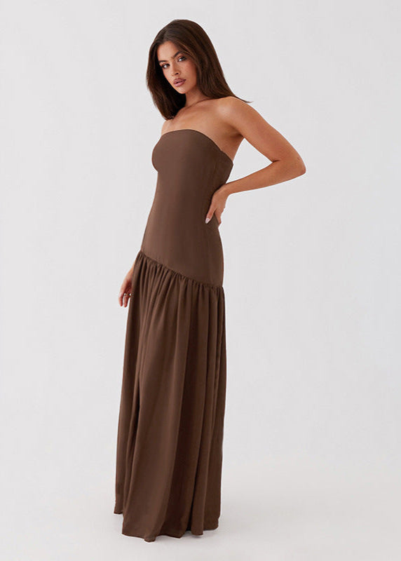 Mocha Drape – Strapless High Slit Maxi Dress
