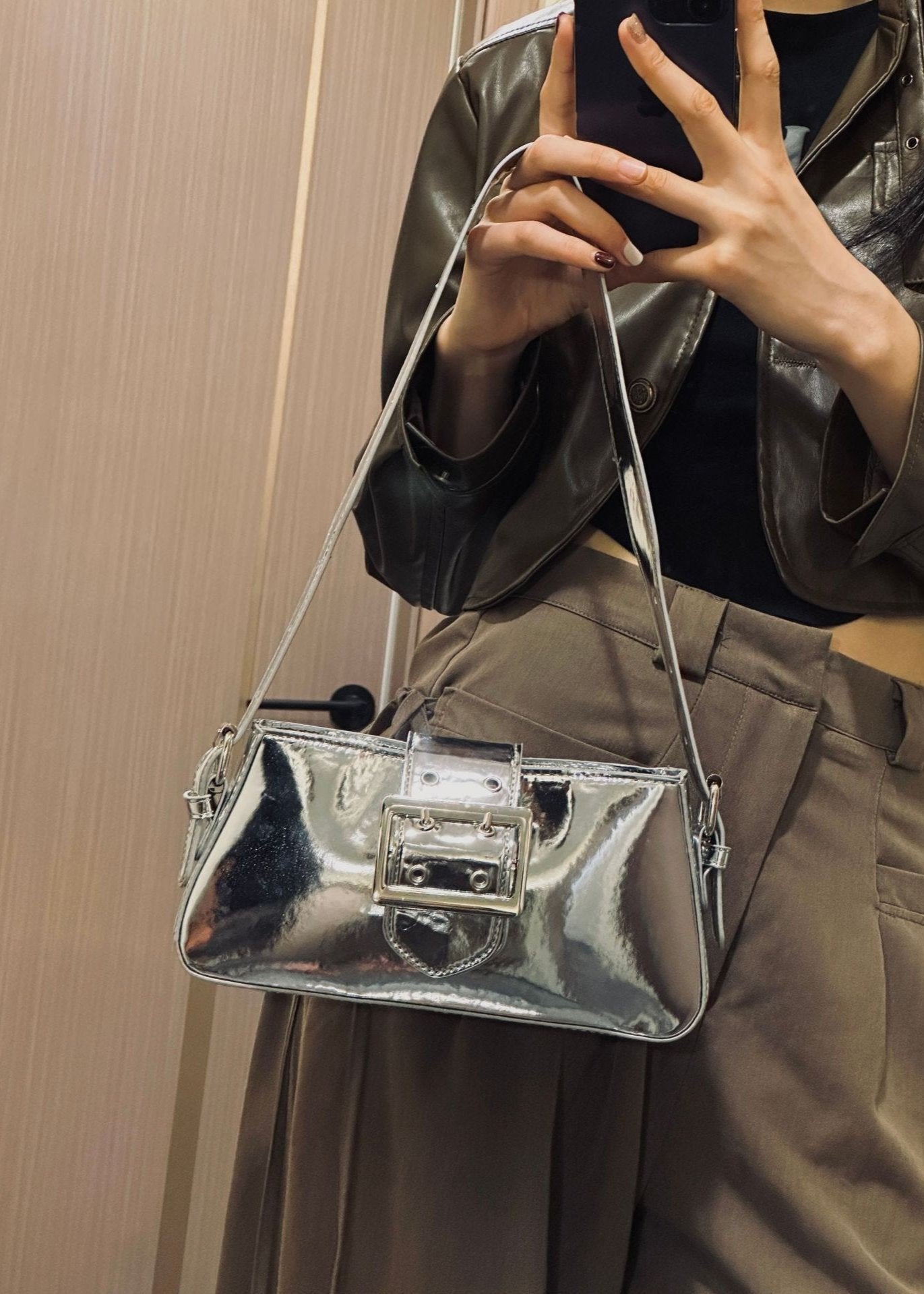 Glossy-Buckle Patent Leather Bag