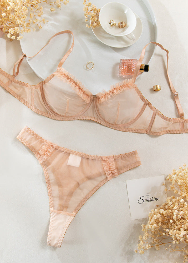 Marcie - Sheer Mesh Bra & High-Waist Thong Set with Ruffle Trim