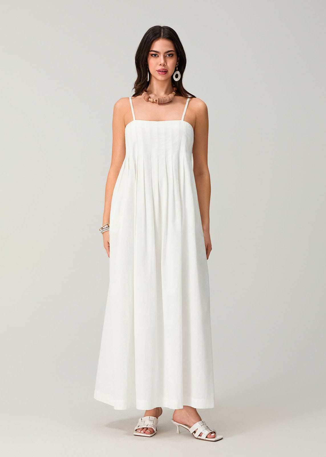 Linen Essence - White Pleated Maxi Sundress