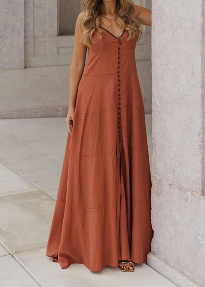 Sienna Vista - Button-Front Maxi Dress with Adjustable Straps