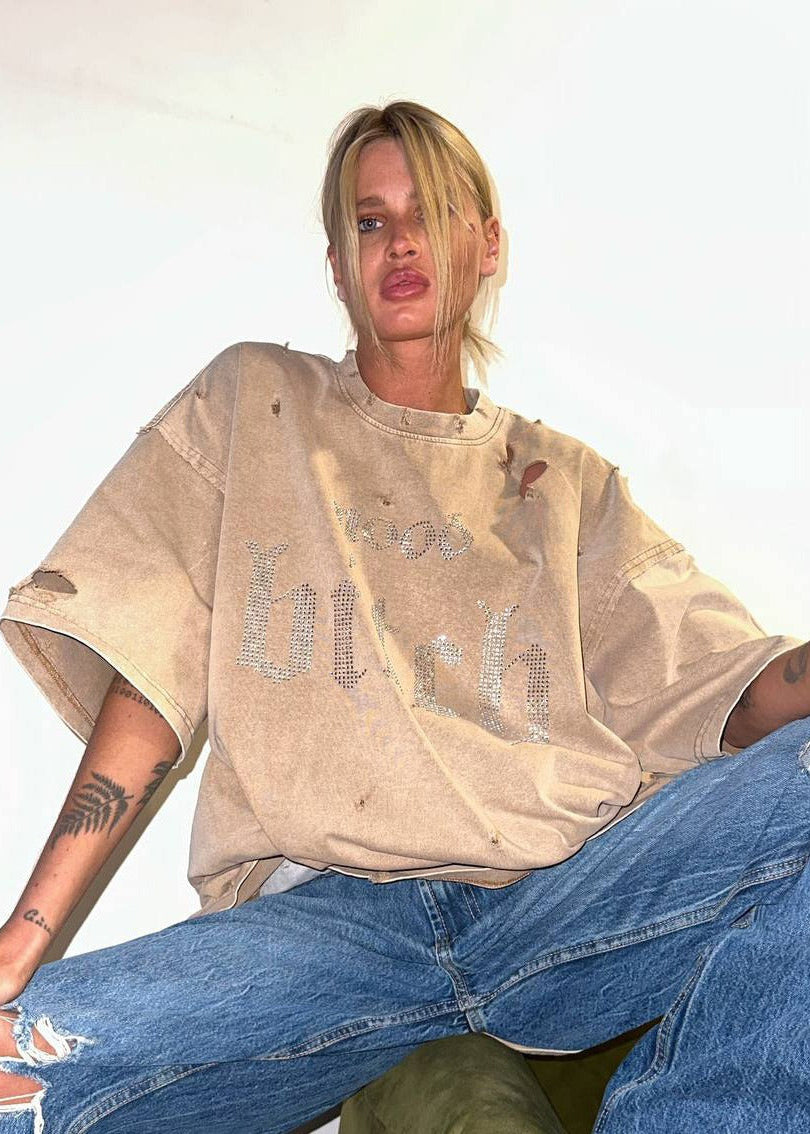 Distressed Rhinestone Graphic Oversized Tee