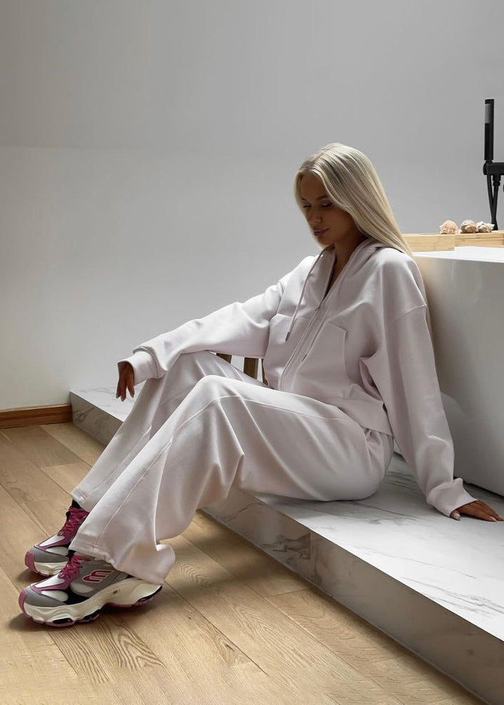Soft Beige Zip Hoodie and Wide-Leg Pants Set – Women’s Relaxed Fit Tracksuit