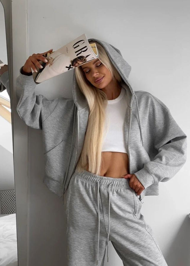 Charcoal Zip-Up Hoodie and Wide-Leg Pants Set – Cozy Two-Piece Loungewear