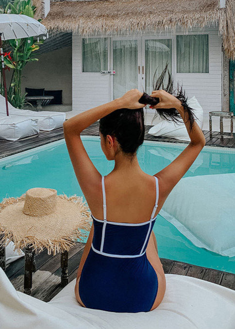 Coastal Line - Navy Blue One Piece Swimsuit with White Trim