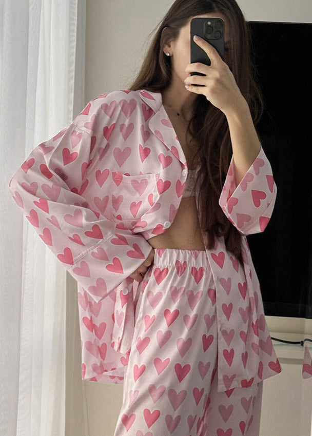 Heart Print Satin Pajama Set