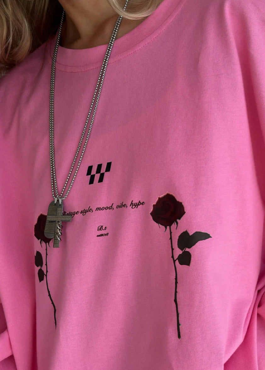 Oversized Long-Sleeve Graphic Tee with Rose Print