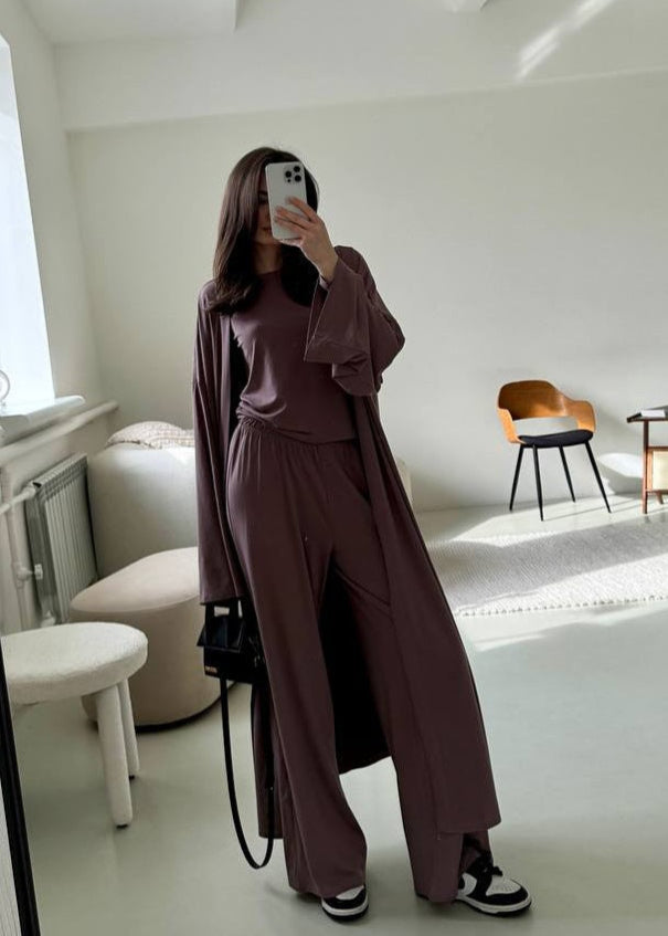 Sienna Three-Piece Lounge Set – Flowy Pants, Fitted Top & Drape Cardigan