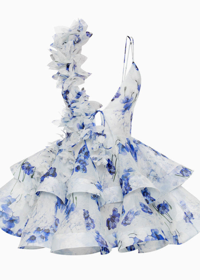 Azure Bloom - Ruffled Floral Mini Dress