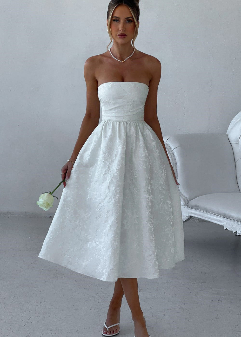 Ivory Rosette – White Strapless Jacquard Midi Dress with Corset Back