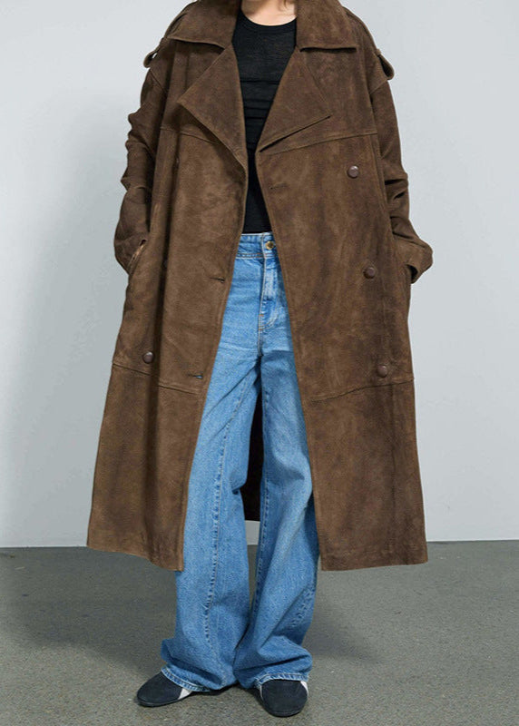 Abrigo largo tipo gabardina con cinturón de ante – Chaqueta marrón sobredimensionada de doble botonadura
