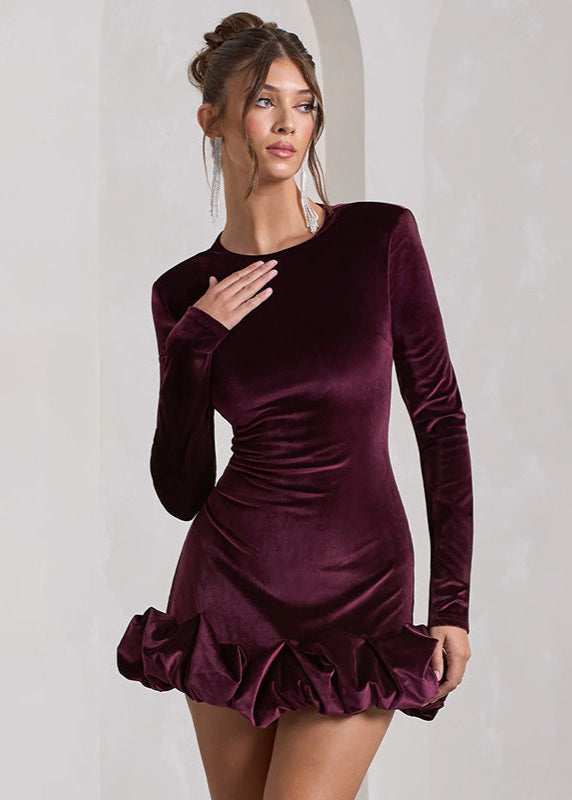 Velvet Ruffle Hem Long Sleeve Mini Dress