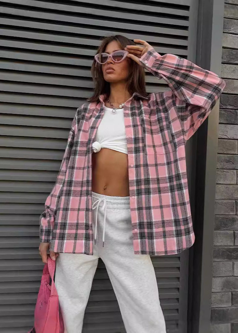 Oversized Plaid Button-Down Shirt – Long Sleeve Casual Top