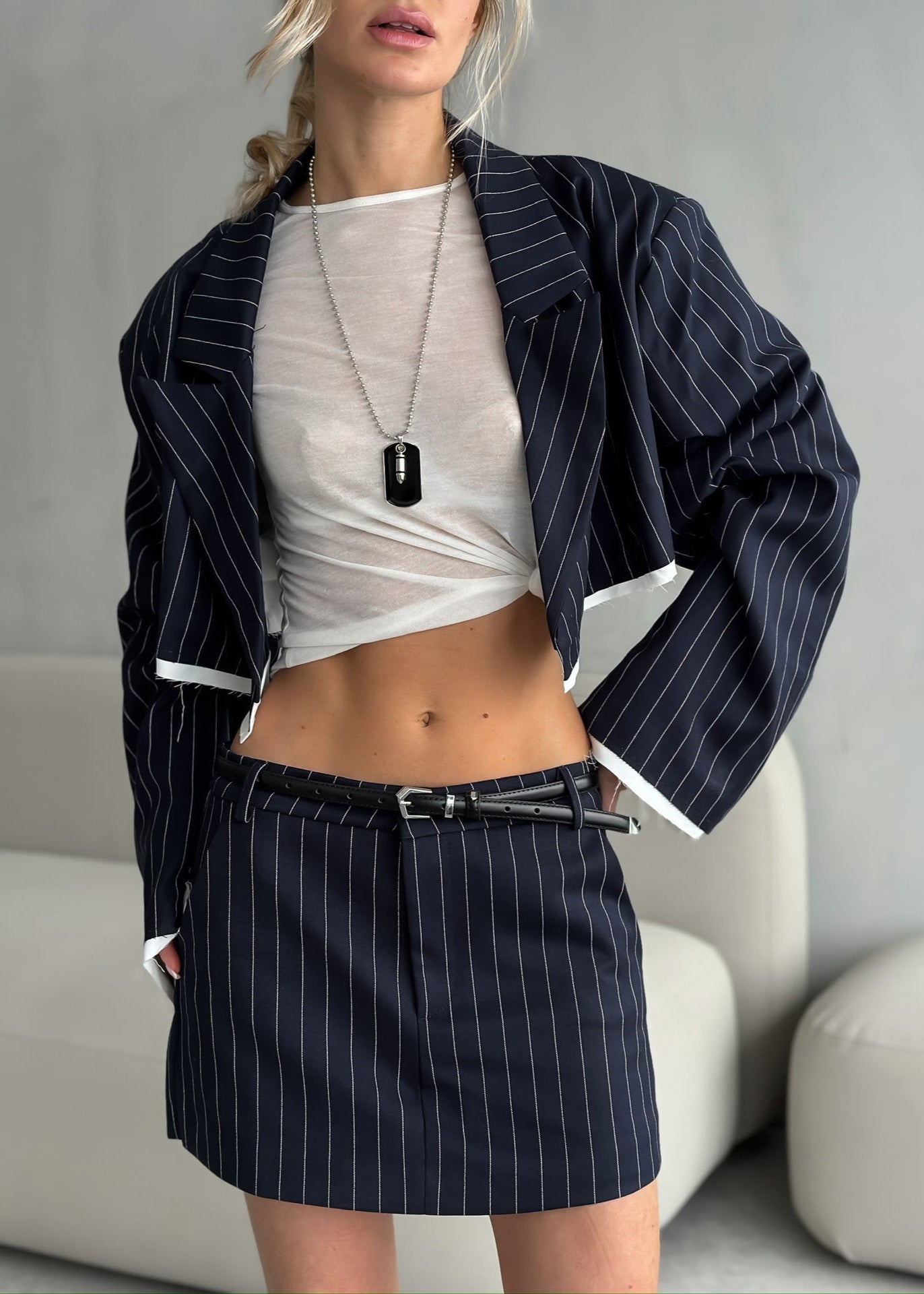 Pinstripe Cropped Blazer & Mini Skirt Set