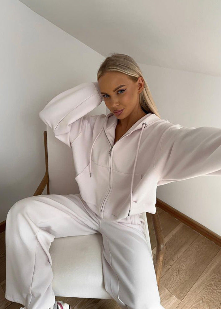 Soft Beige Zip Hoodie and Wide-Leg Pants Set – Women’s Relaxed Fit Tracksuit