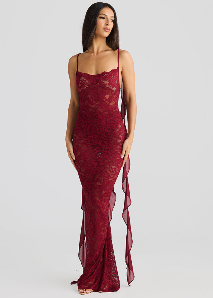 Scarlet - Lace Backless Maxi Dress with Chiffon Ties