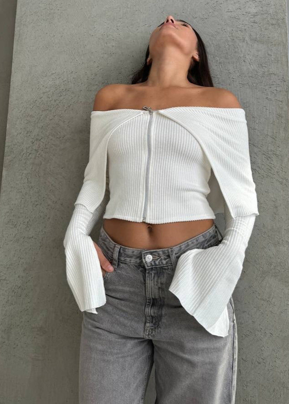 Off-Shoulder Zip-Up Ribbed Top