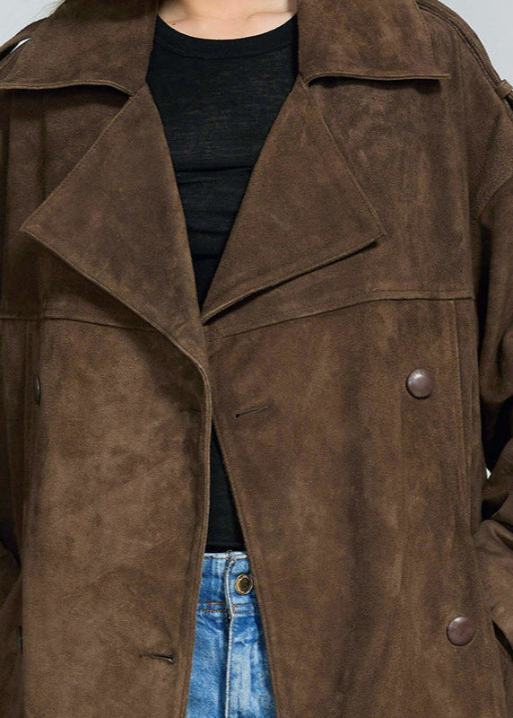 Abrigo largo tipo gabardina con cinturón de ante – Chaqueta marrón sobredimensionada de doble botonadura