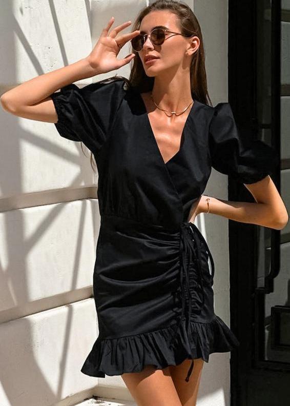 Black Pleated Nipped Waist High Sense V-neck Puff Sleeve Dress - VibeSoothe