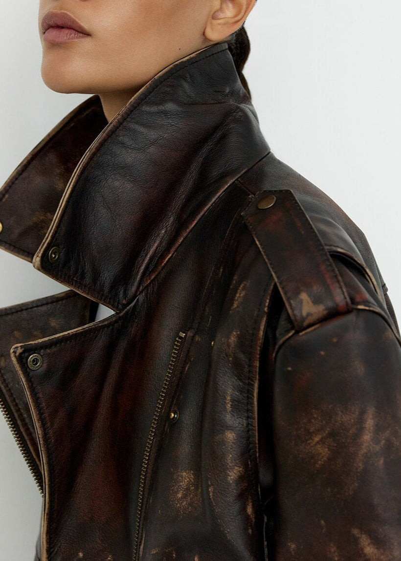 Distressed Leather Cropped Moto Jacket