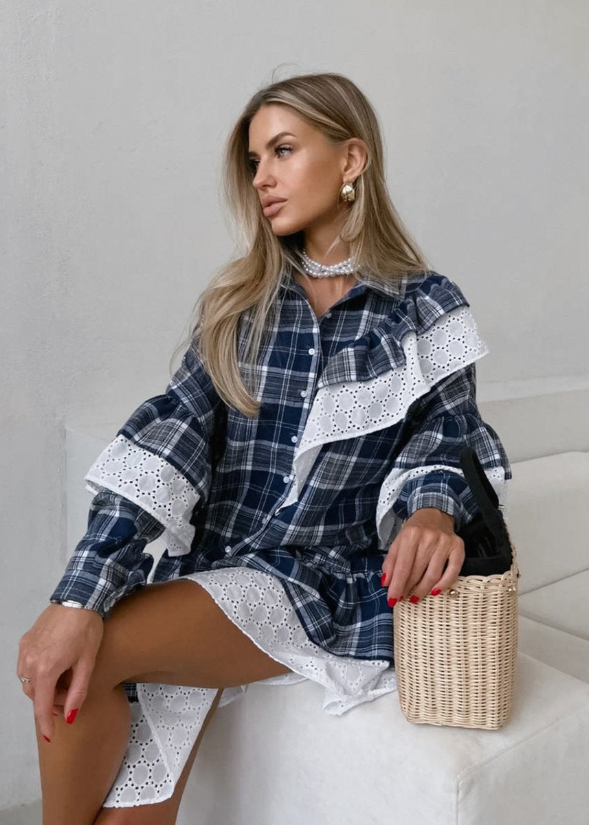 Plaid Elegance Ruffle Shirt Dress