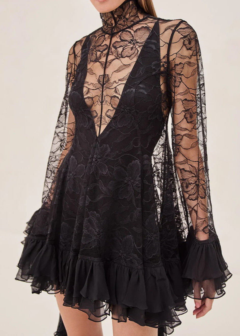 Sheer Lace Ruffle Mini Dress