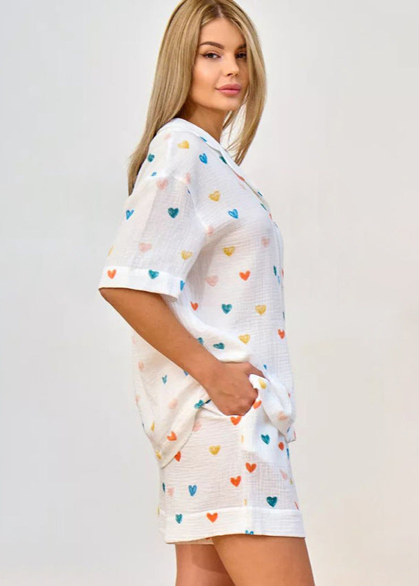 Cotton Gauze Heart Print Pajama Set