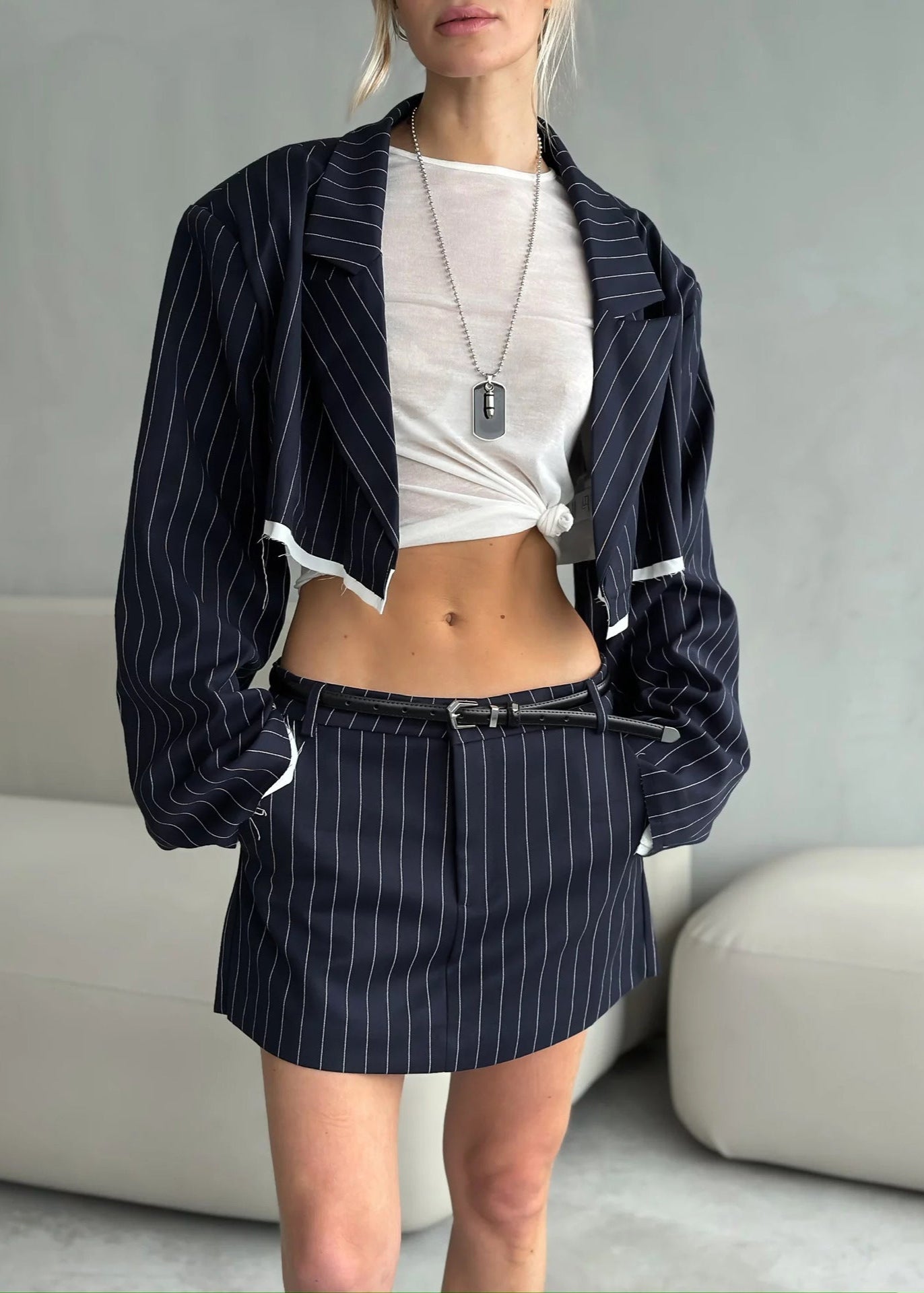 Pinstripe Cropped Blazer & Mini Skirt Set