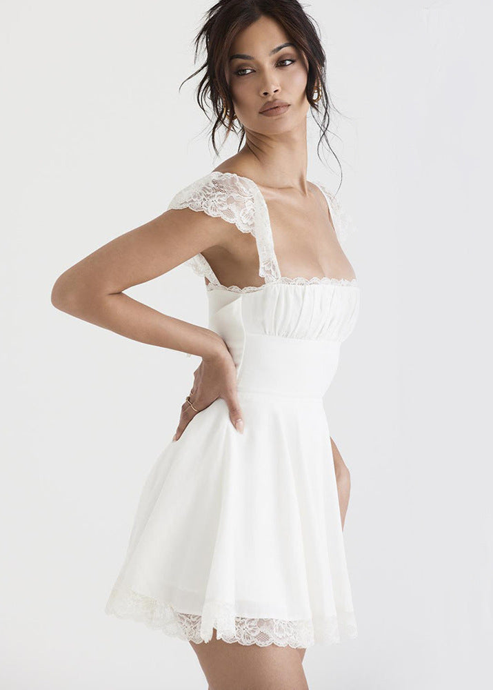 Éloïse Dress – White Lace Mini with Corset Back