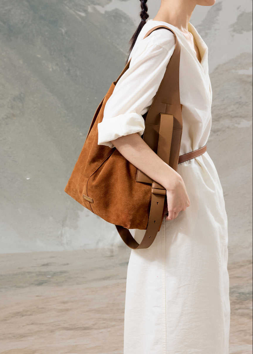 Suede and Leather Bucket Tote Bag