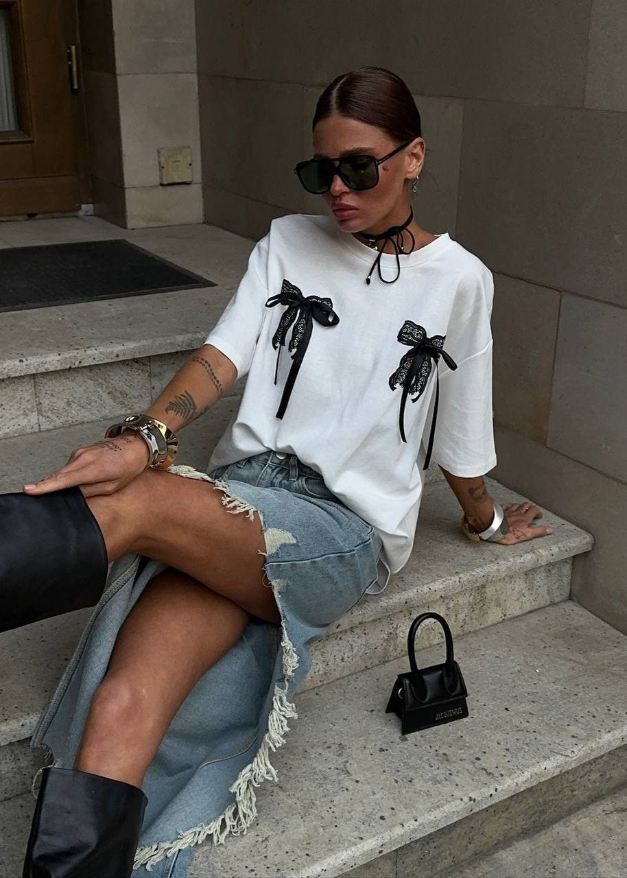 Lace Bow Embellished Oversized T-Shirt