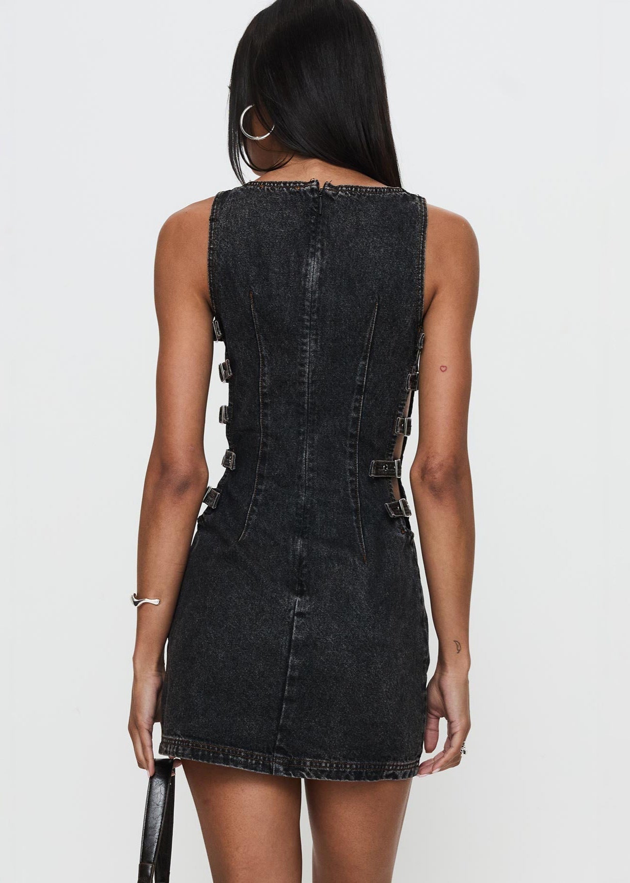 Black Denim Buckle Mini Dress