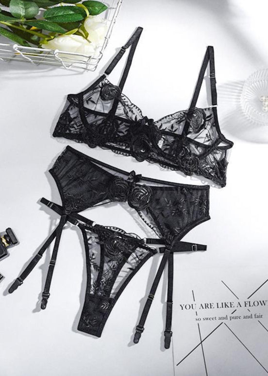 Midnight Rose Lace Lingerie Set with Garter Belt