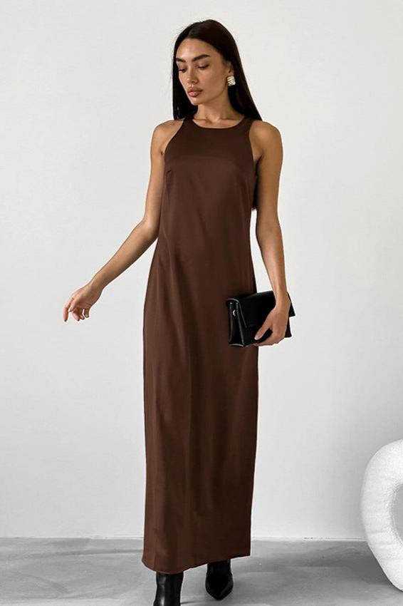 Mocha Essence - Sleeveless Satin Maxi Dress