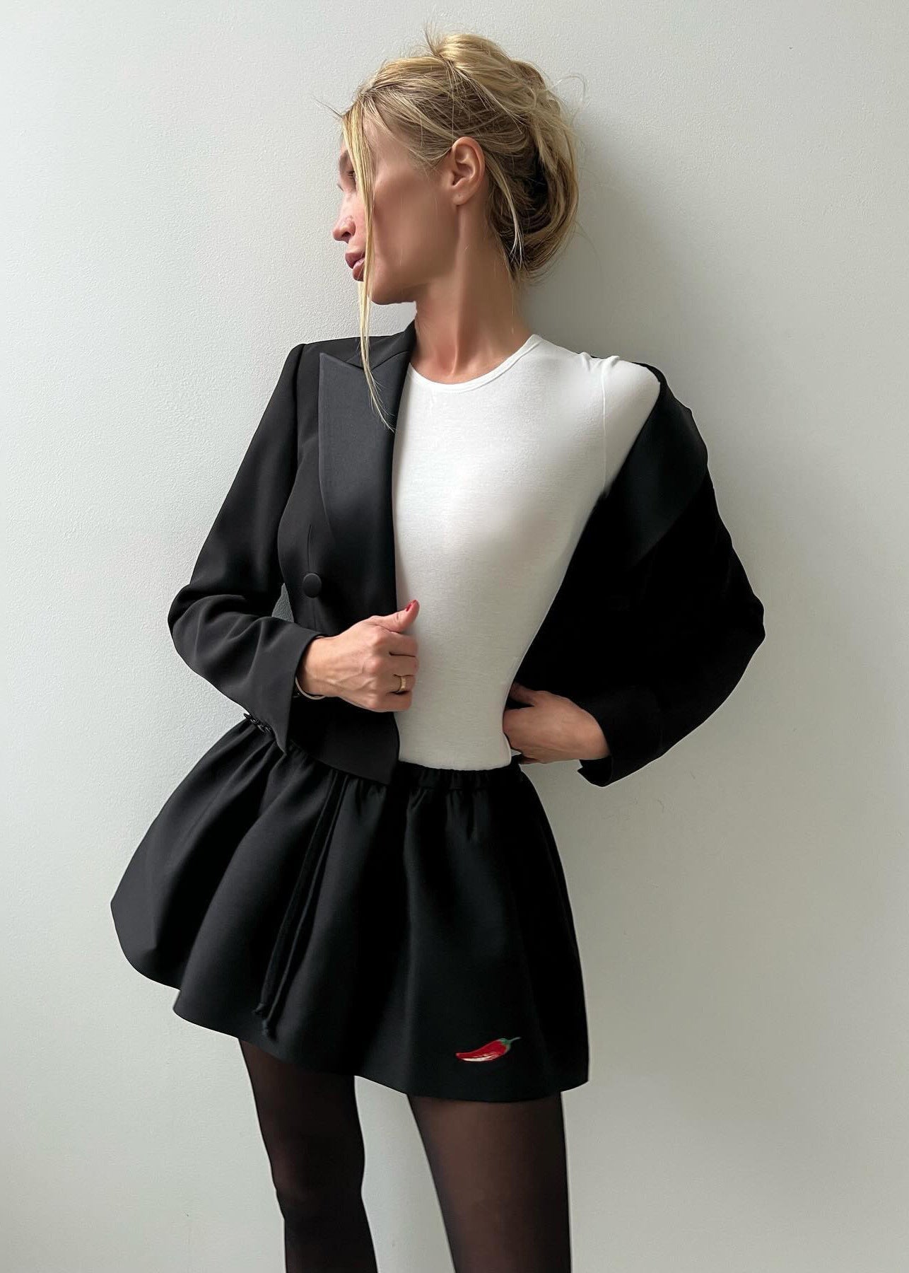 Cropped Tuxedo Blazer & Drawstring Mini Skirt Set