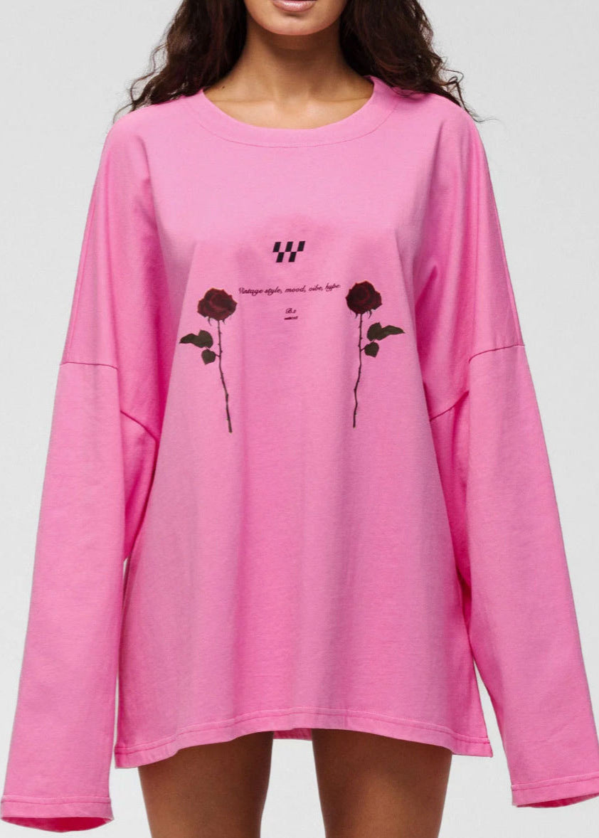 Oversized Long-Sleeve Graphic Tee with Rose Print