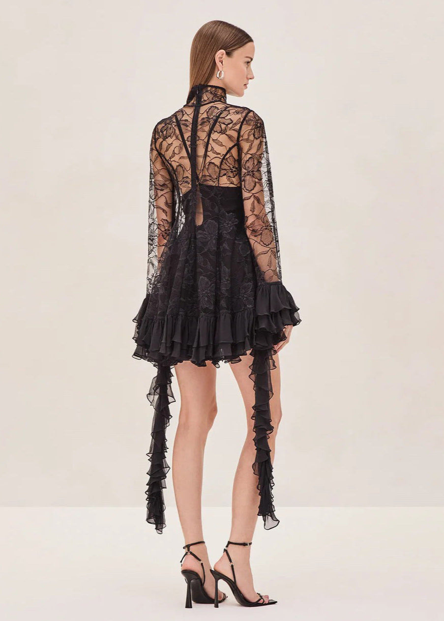 Sheer Lace Ruffle Mini Dress