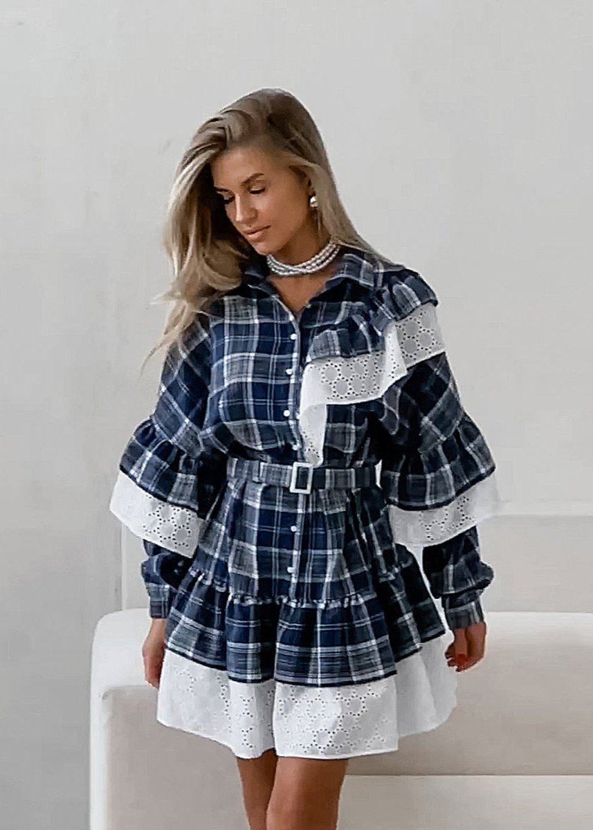 Plaid Elegance Ruffle Shirt Dress