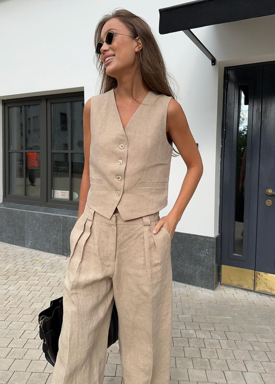 Linen Vest & Wide-Leg Pants Set