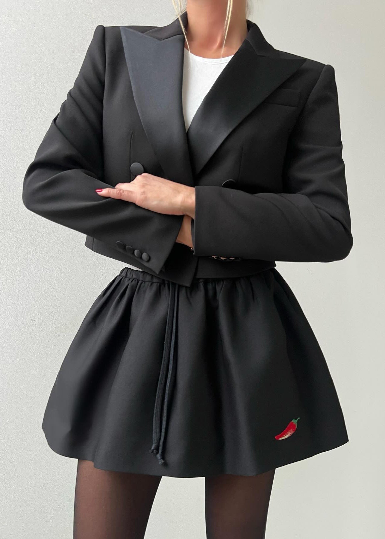 Cropped Tuxedo Blazer & Drawstring Mini Skirt Set