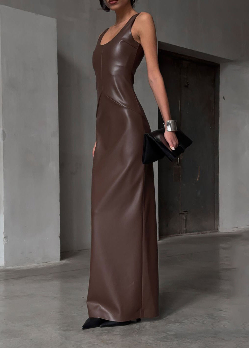 Robe Maxi en Similicuir Mocha