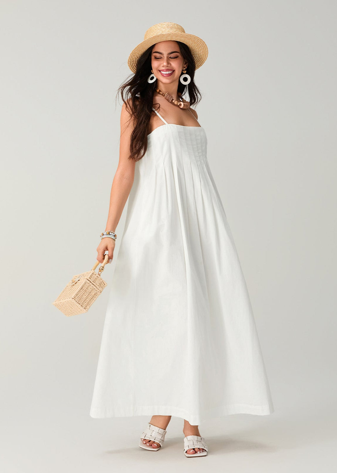Linen Essence - White Pleated Maxi Sundress