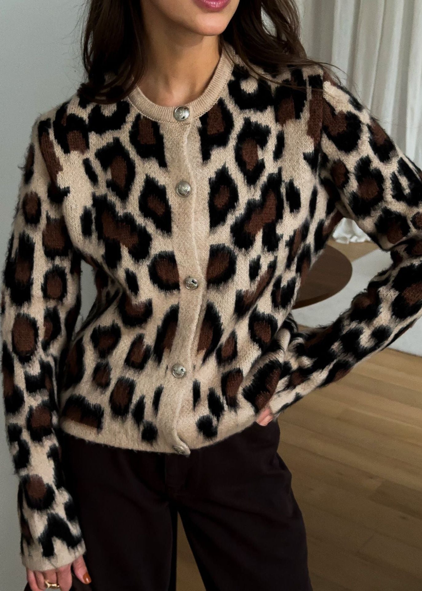 Leopard Print Button-Up Knit Cardigan