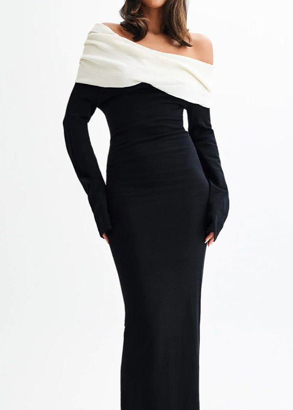 Noir Elegance - Off-Shoulder Contrast Maxi Jurk