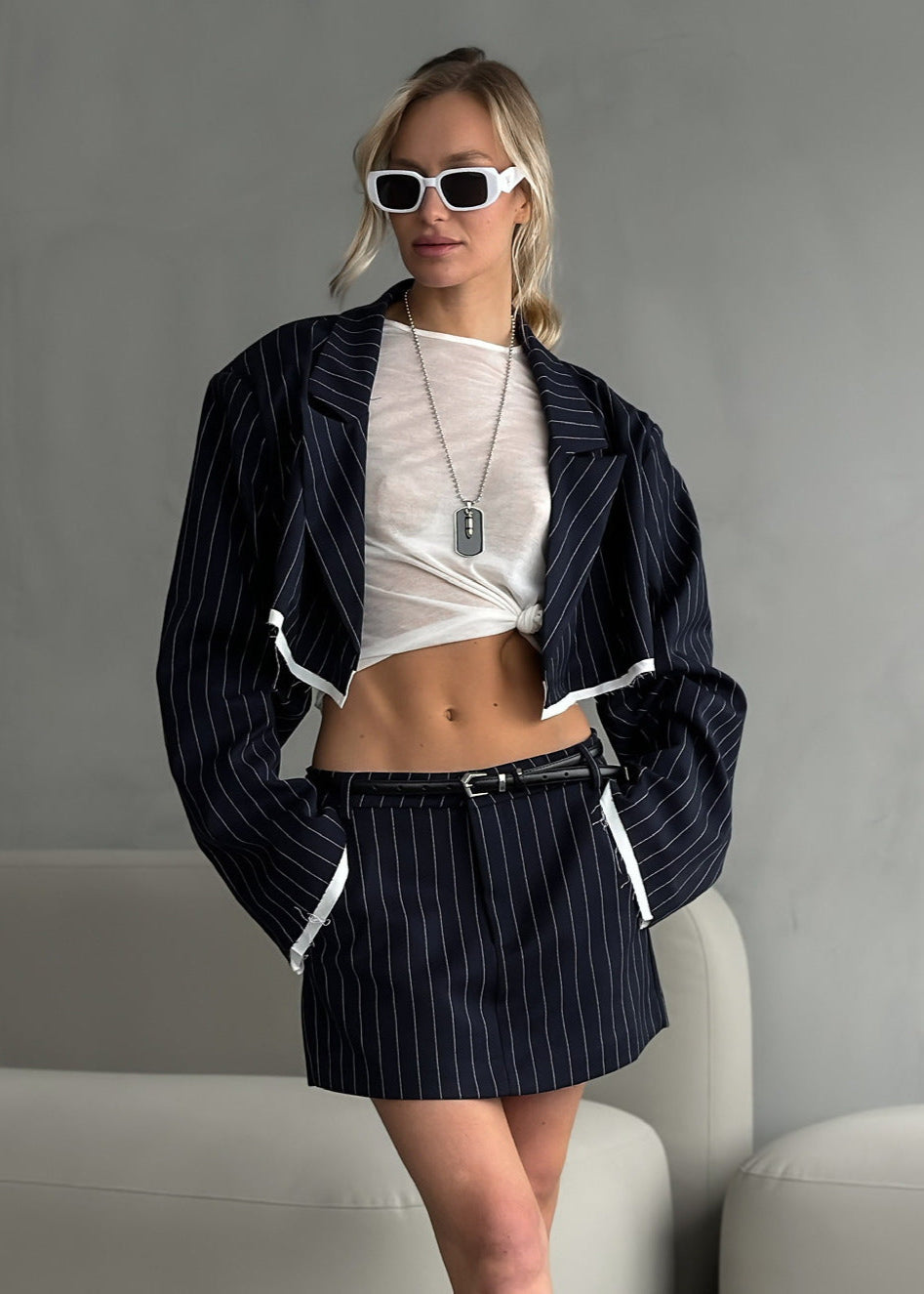 Pinstripe Cropped Blazer & Mini Skirt Set